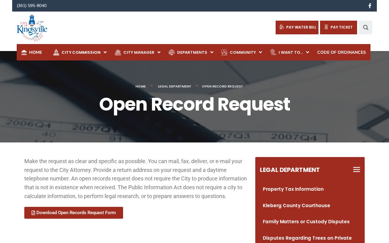 Kingsville criminal records request page for police reports