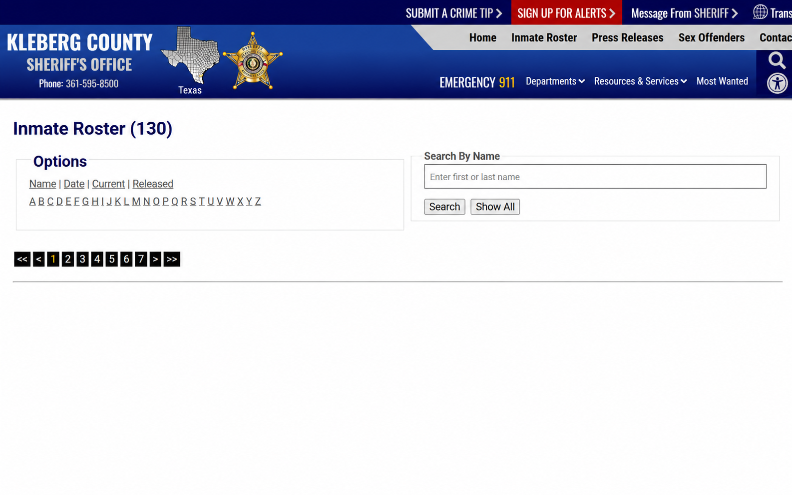 Kleberg County current arrest roster search controls with individual entries removed