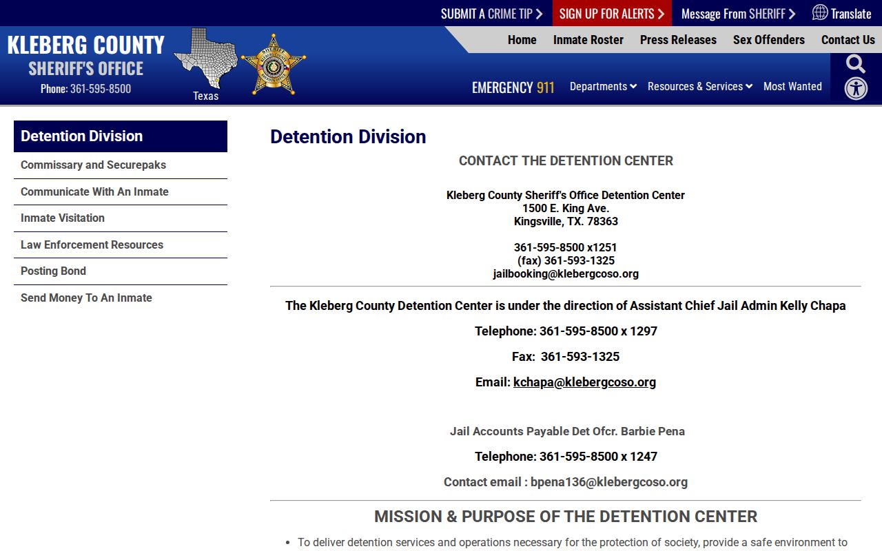 Kleberg County arrest booking process at county jail