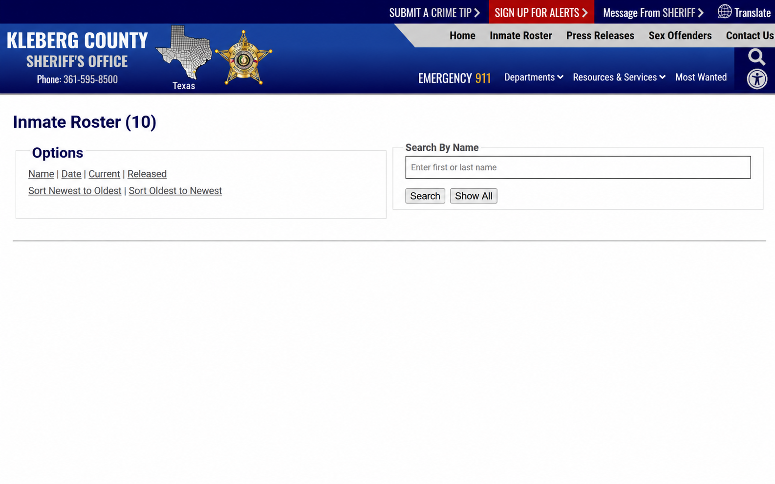 Kleberg County released arrest roster controls with individual entries removed