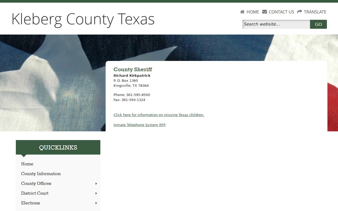 Kleberg County criminal records Sheriff contact page