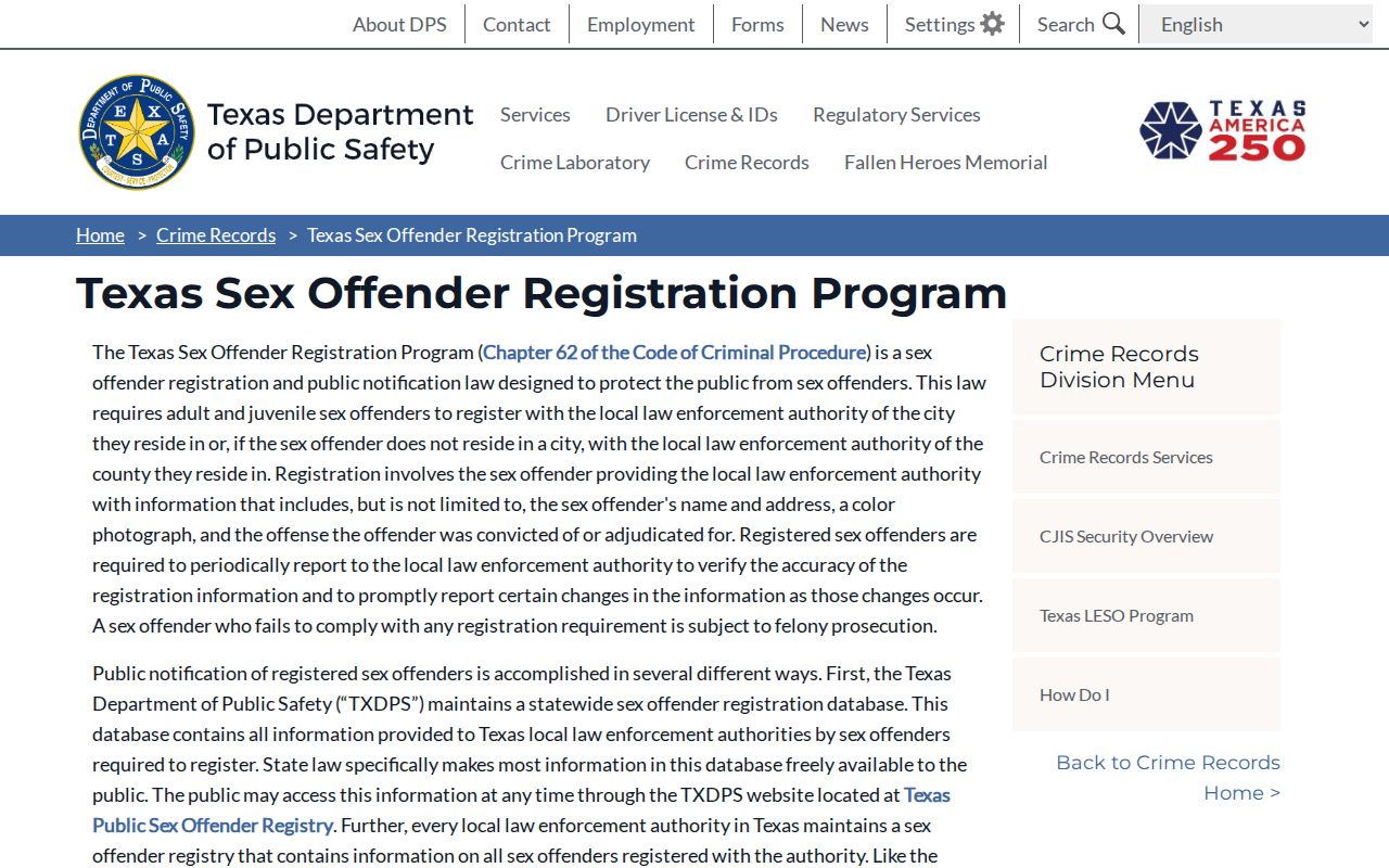 Kleberg County sex offender registry program information from Texas DPS